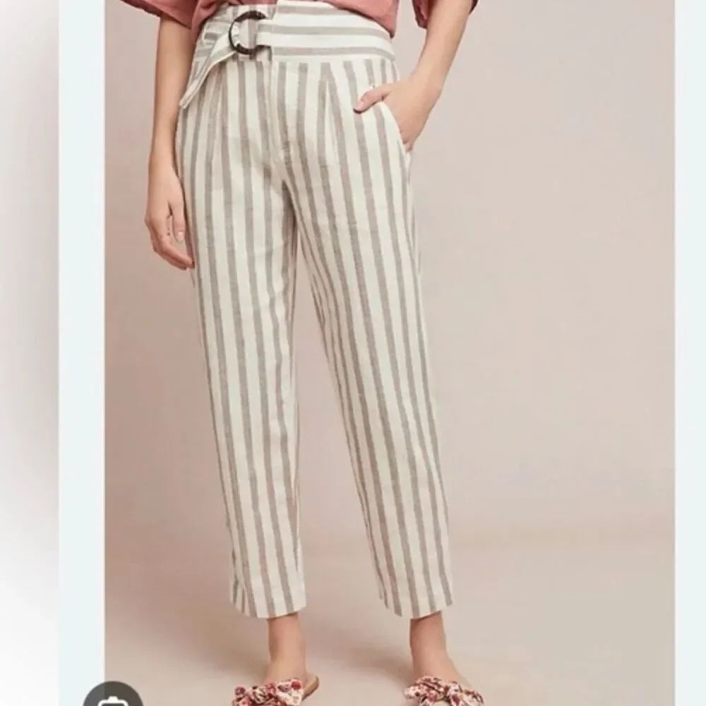 By Anthropologie linen blend striped tapered pant with buckle loop waist 12